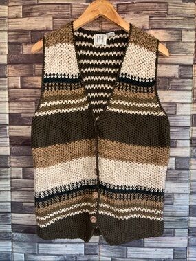 Vintage IVY Medium Striped Knit Button-Front Vest in Olive, Cream & Tan